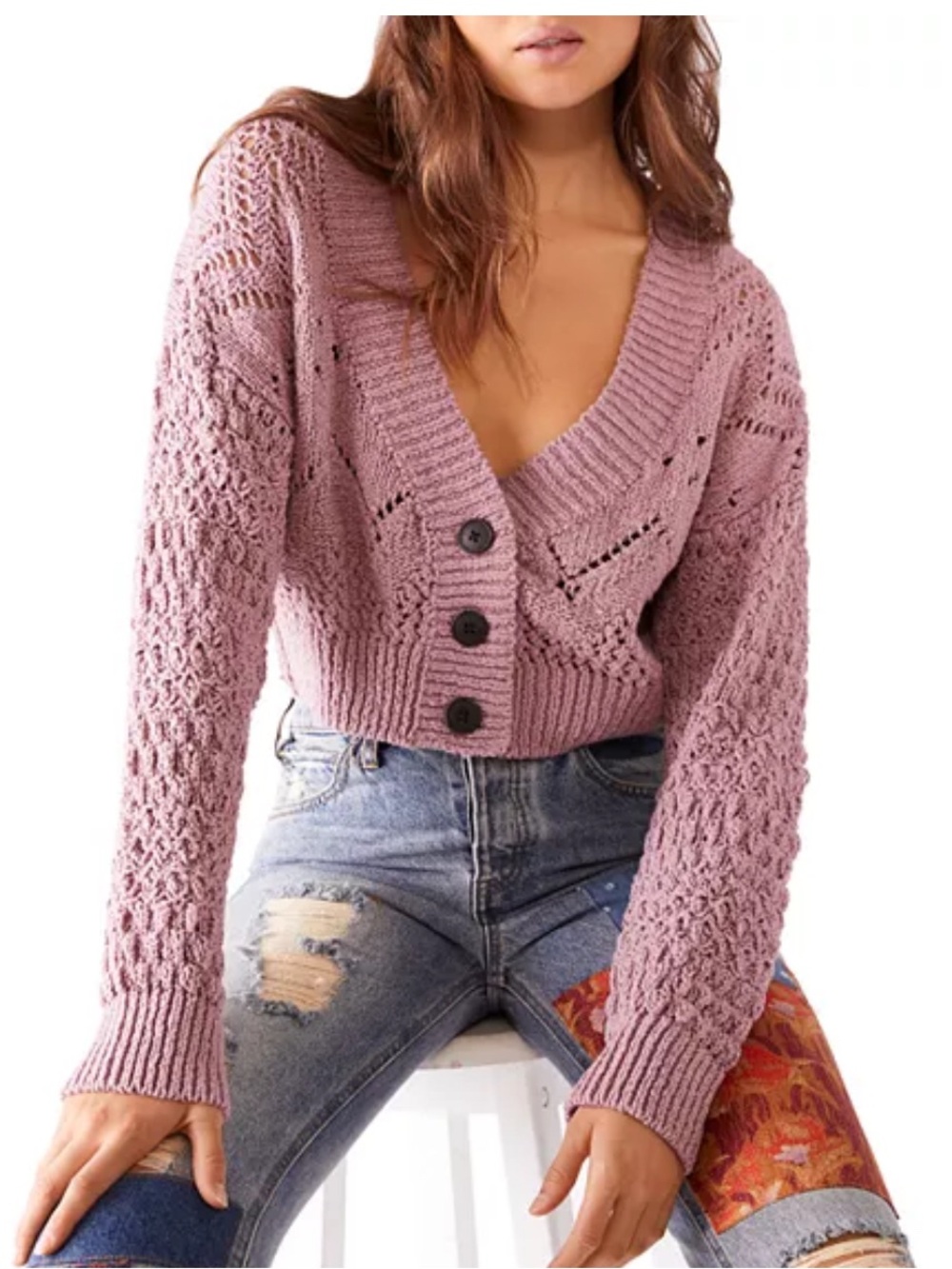 Free People Chloe Pressed Flowers Mauve Cropped Cardigan Size Medium
